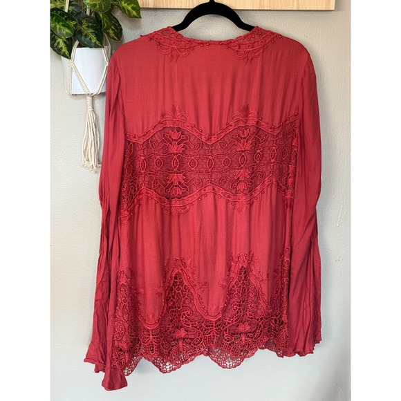 TJD Rust Red Boho Crochet Lace Deep V-Neck Bell Sleeve Top Size M J12161018 - Picture 6 of 8